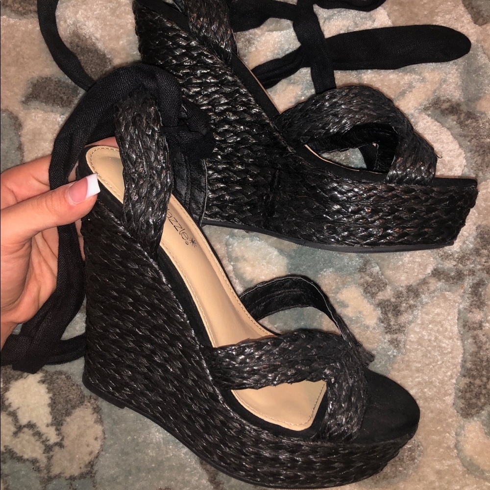 Black wedges that tie up the ankles